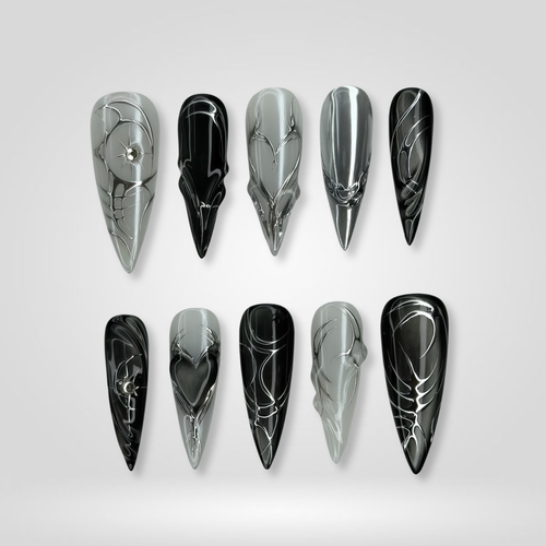 Silver Abyss pearl-shift press-on nails - almond shape, front view