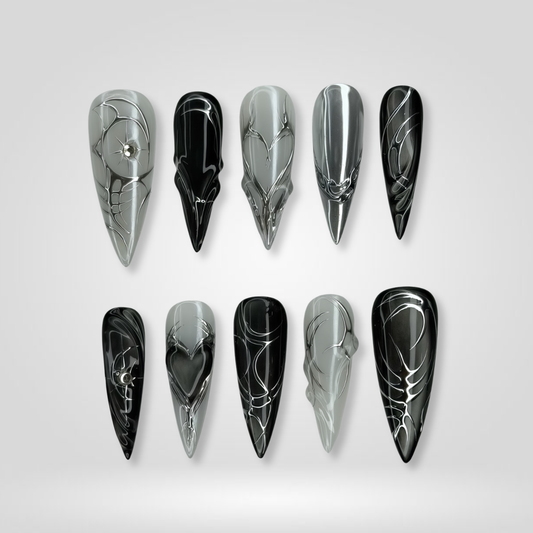 Silver Abyss pearl-shift press-on nails - almond shape, front view
