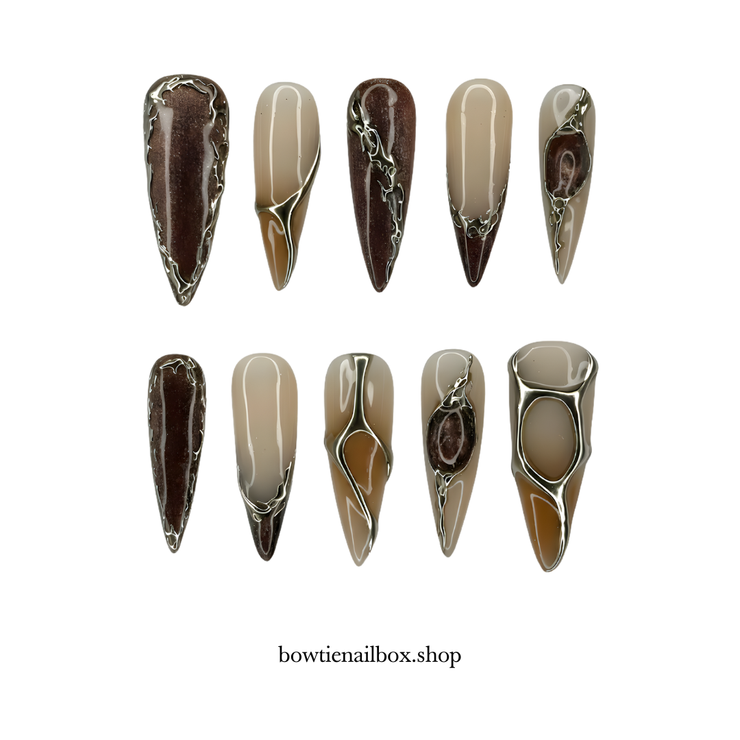 LIQUID TERRA pearl-shift press-on nails - almond shape, front view