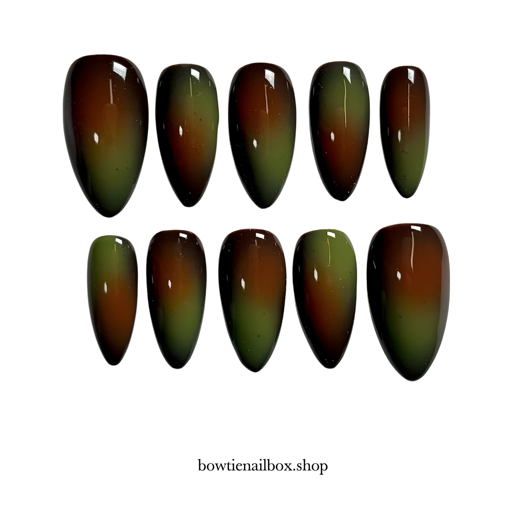 FOREST AURA watercolor aura press-on nails - almond shape, front view