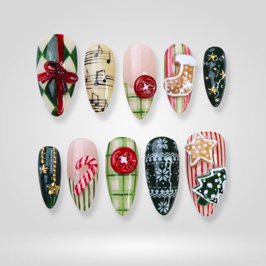Joy Gift seasonal press-on nails - almond shape, front view