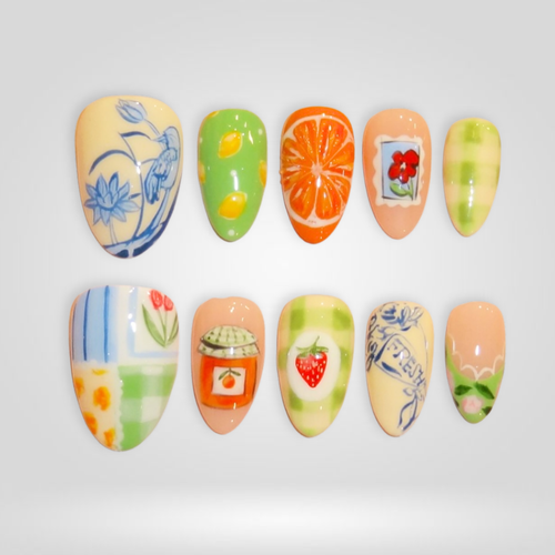 Juicy Dot butter yellow press-on nails - almond shape, front view