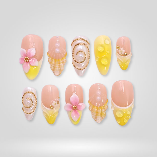 Garden Bloom floral press-on nails - almond shape, front view