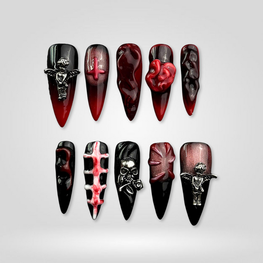 Noir Majesty vamp press-on nails - almond shape, front view