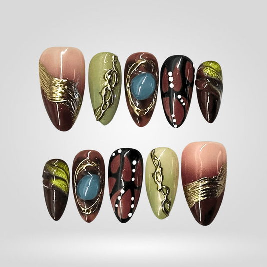 Olive Gold floral press-on nails - almond shape, front view
