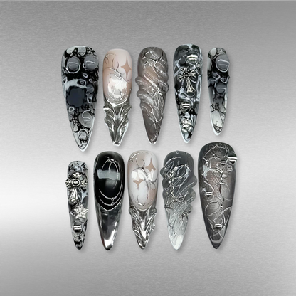Metallic Vibe press-on nails on hand - lifestyle photo, pearl-shift finish