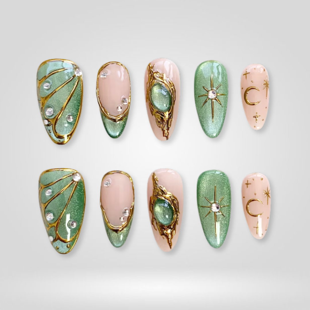 Enchanted Bloom press-on nails on hand - lifestyle photo, cat-eye velvet finish