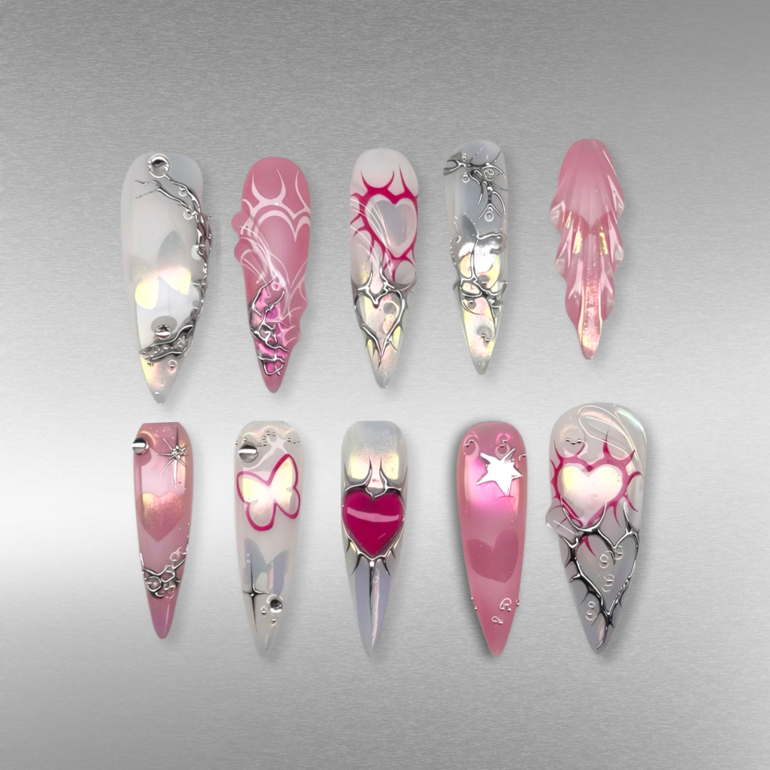 Metallic Vibe press-on nail set - XS to L sizing, pearl-shift design
