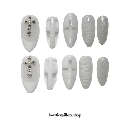 SWAG CROSS milky cloud dancer press-on nails - almond shape, front view