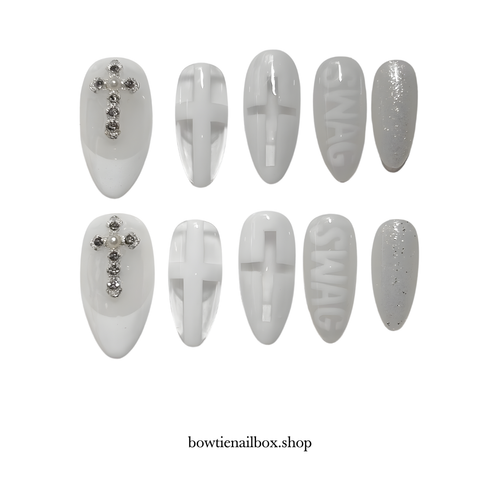 SWAG CROSS milky cloud dancer press-on nails - almond shape, front view