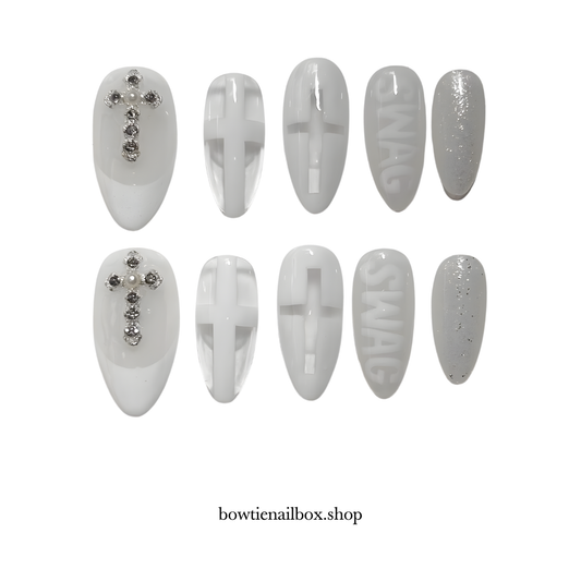 SWAG CROSS milky cloud dancer press-on nails - almond shape, front view