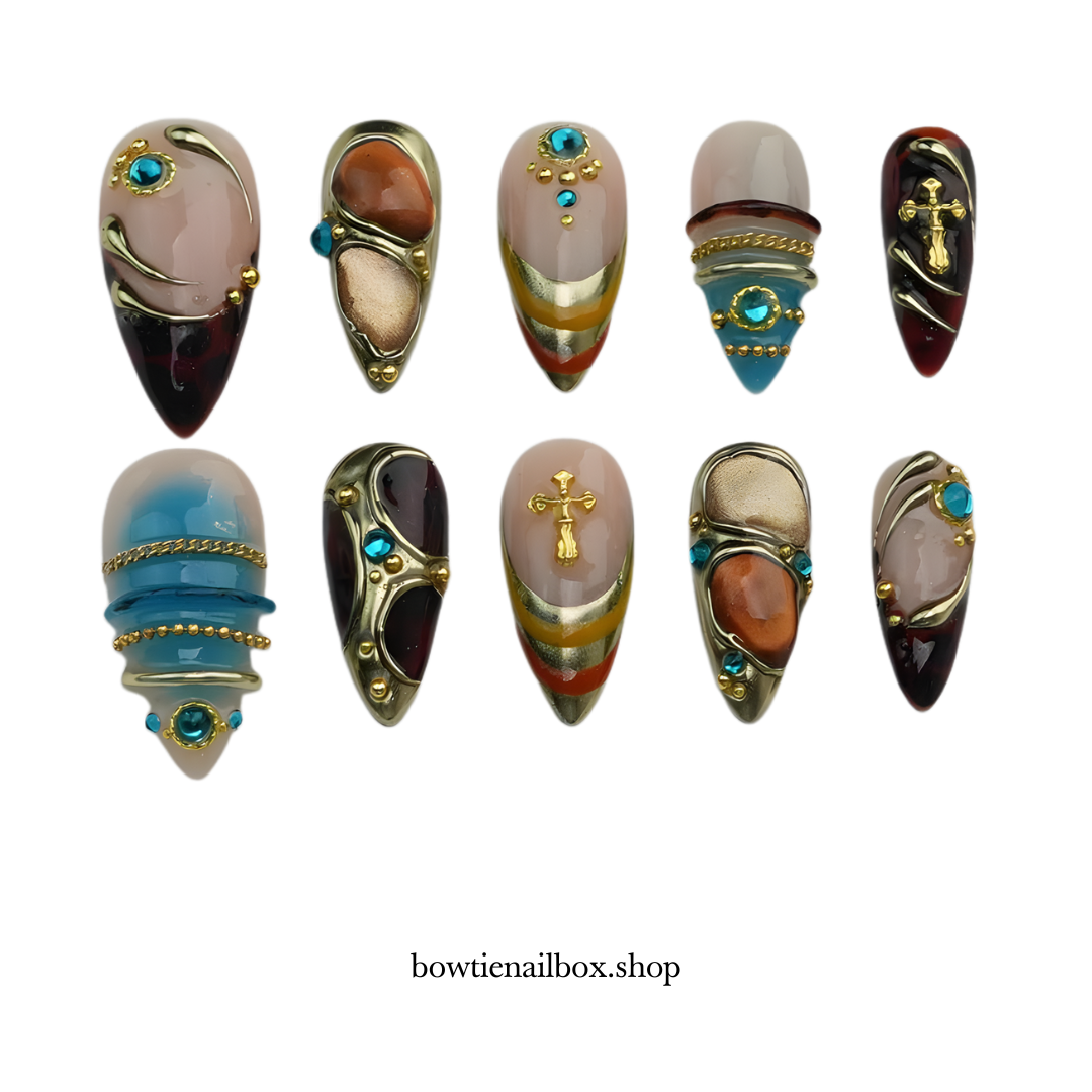 SACRED AZURE pearl-shift press-on nails - almond shape, front view