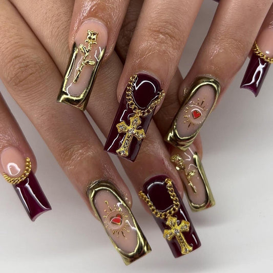 Divine Elegance floral press-on nails - coffin/ballerina shape, front view