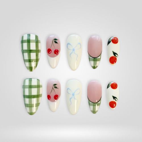 Cherry Picnic butter yellow press-on nails - almond shape, front view
