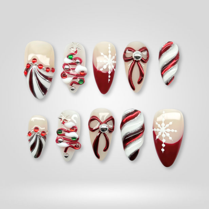 Candy Stripe seasonal press-on nails - almond shape, front view