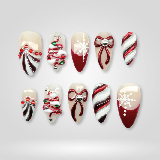 Candy Stripe seasonal press-on nails - almond shape, front view