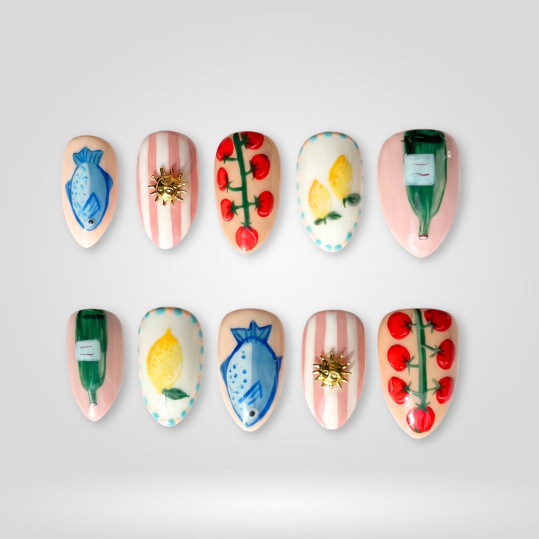 Tomato Charm butter yellow press-on nails - almond shape, front view