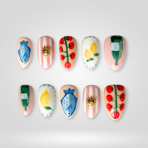 Tomato Charm butter yellow press-on nails - almond shape, front view