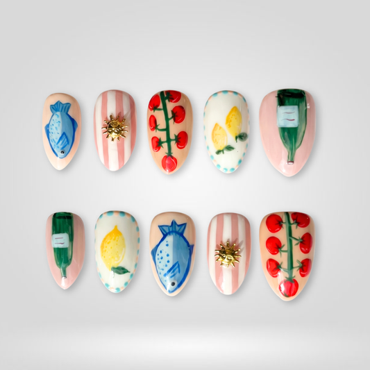 Tomato Charm butter yellow press-on nails - almond shape, front view