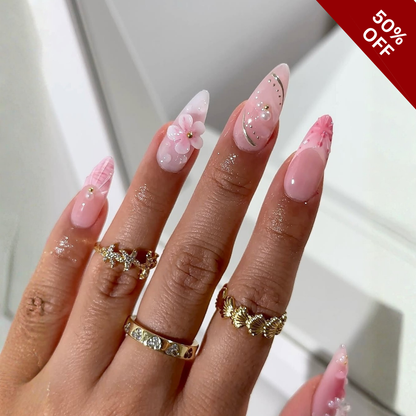 Gentle Blooms cat-eye velvet press-on nails - almond shape, front view