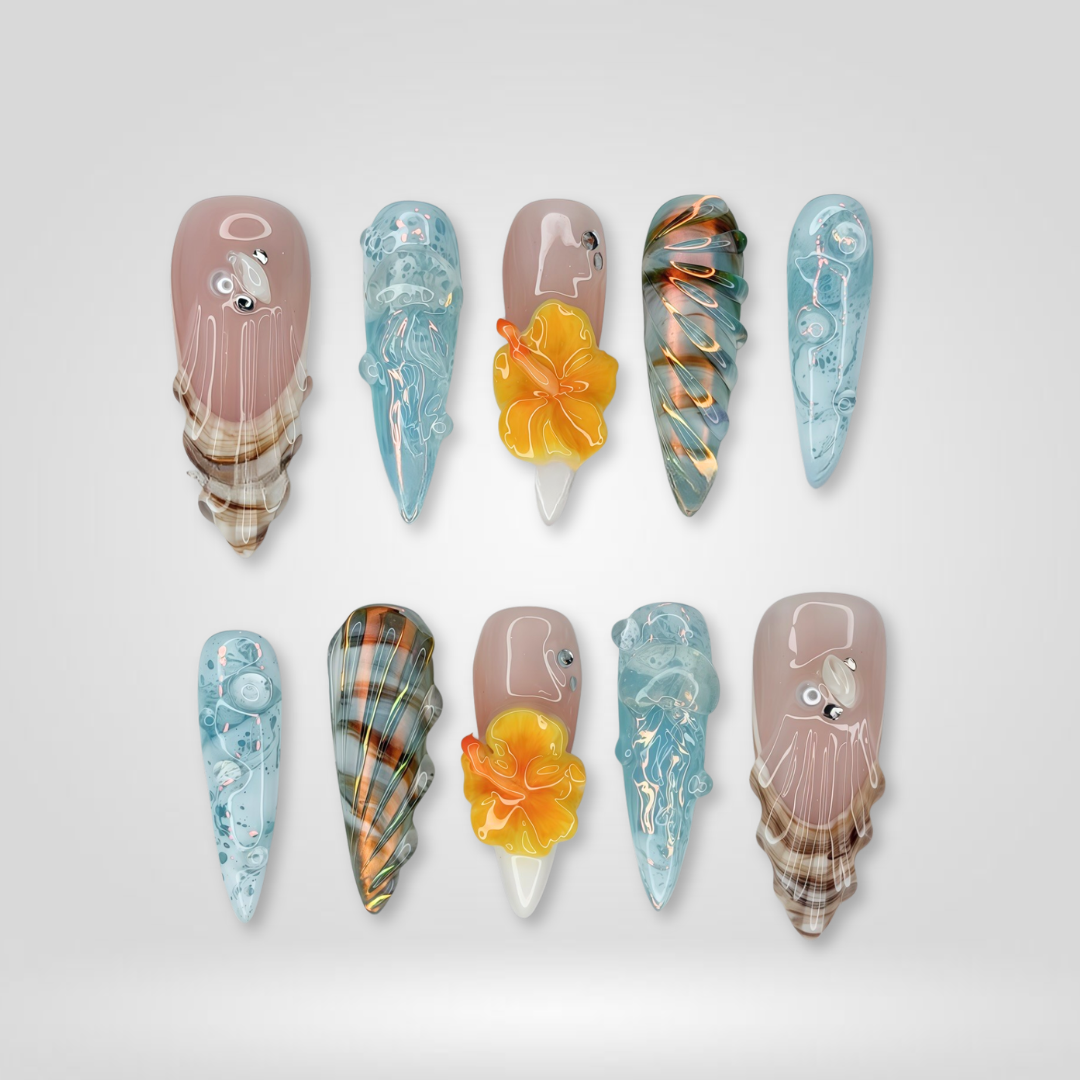 Tropical Blossom press-on nails on hand - lifestyle photo, cat-eye velvet finish