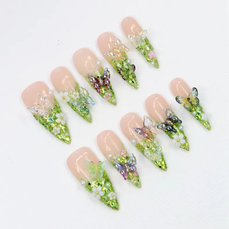 Dreamy Garden press-on nails on hand - lifestyle photo, 3d sculptural finish