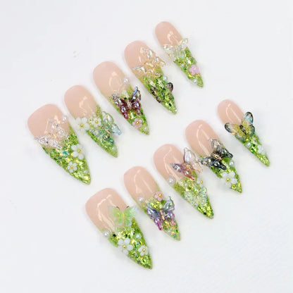 Dreamy Garden press-on nails on hand - lifestyle photo, 3d sculptural finish