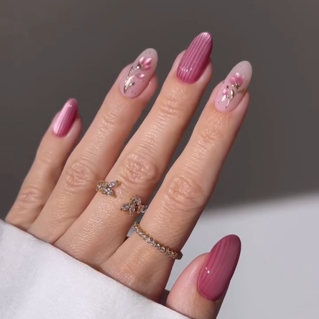 Blooming Petals press-on nails close-up texture detail - cat-eye velvet finish, US shipping