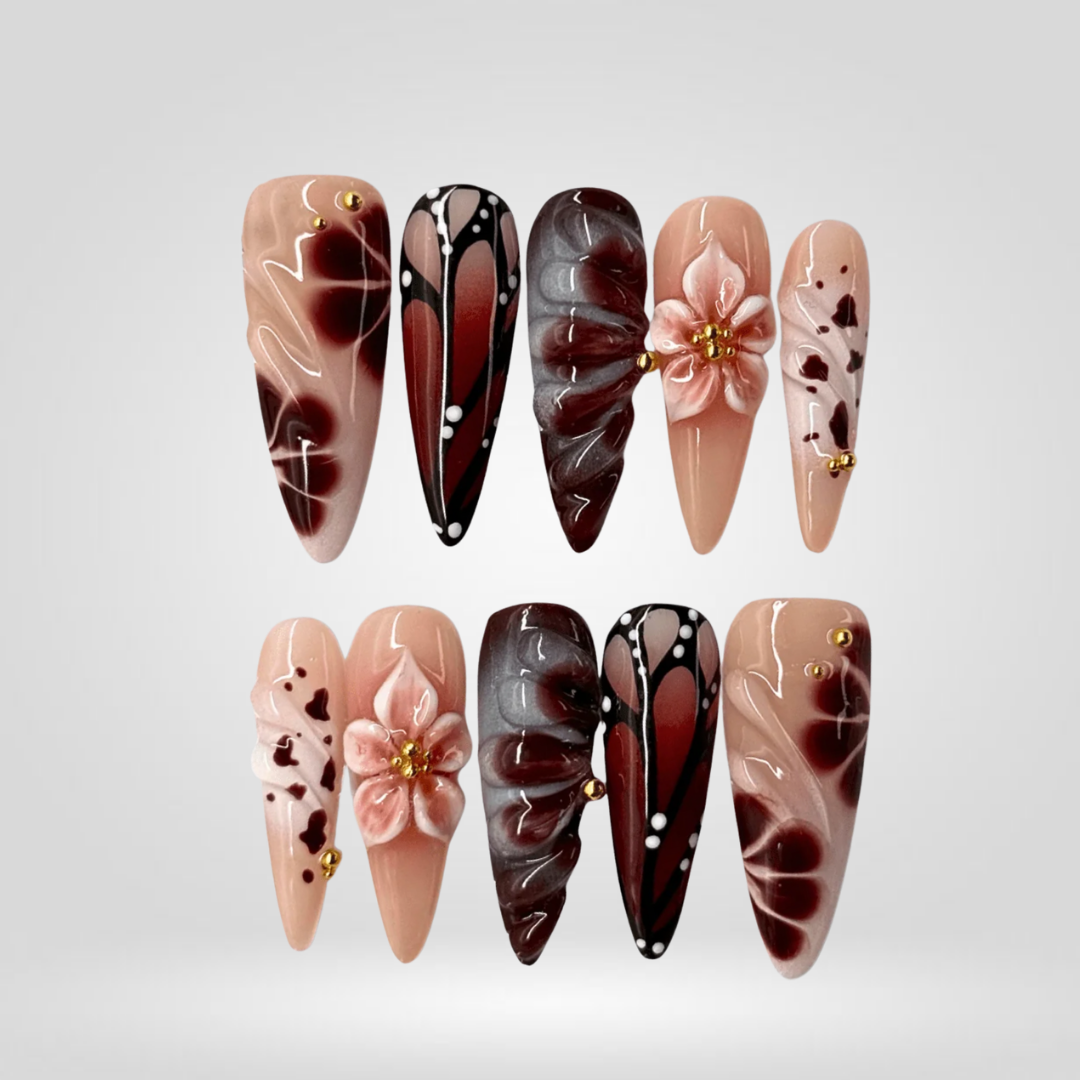 Brown Petal floral press-on nails - almond shape, front view