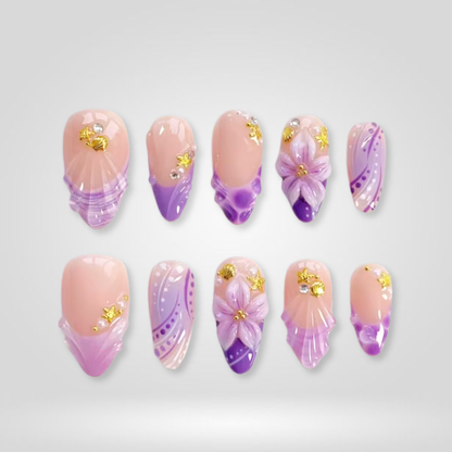 Retro Mix floral press-on nails - almond shape, front view