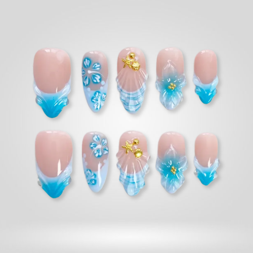 Aqua Shell butter yellow press-on nails - almond shape, front view