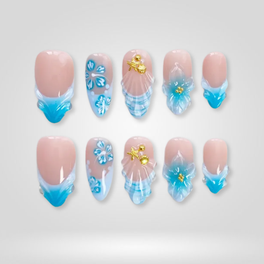 Aqua Shell butter yellow press-on nails - almond shape, front view