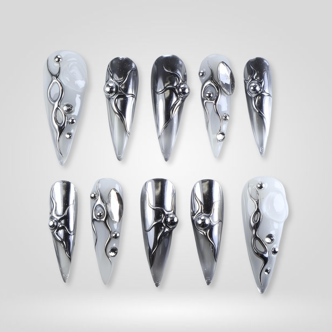 Liquid Silver pearl-shift press-on nails - almond shape, front view