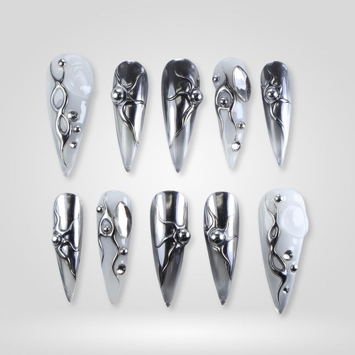 Liquid Silver pearl-shift press-on nails - almond shape, front view