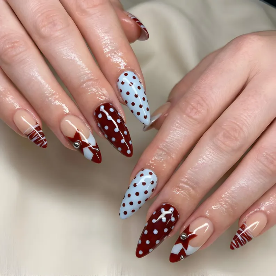 Retro Sweet polka dot press-on nails - almond shape, front view