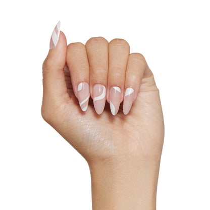 Marshmallow Swirl press-on nails on hand - lifestyle photo, milky cloud dancer finish
