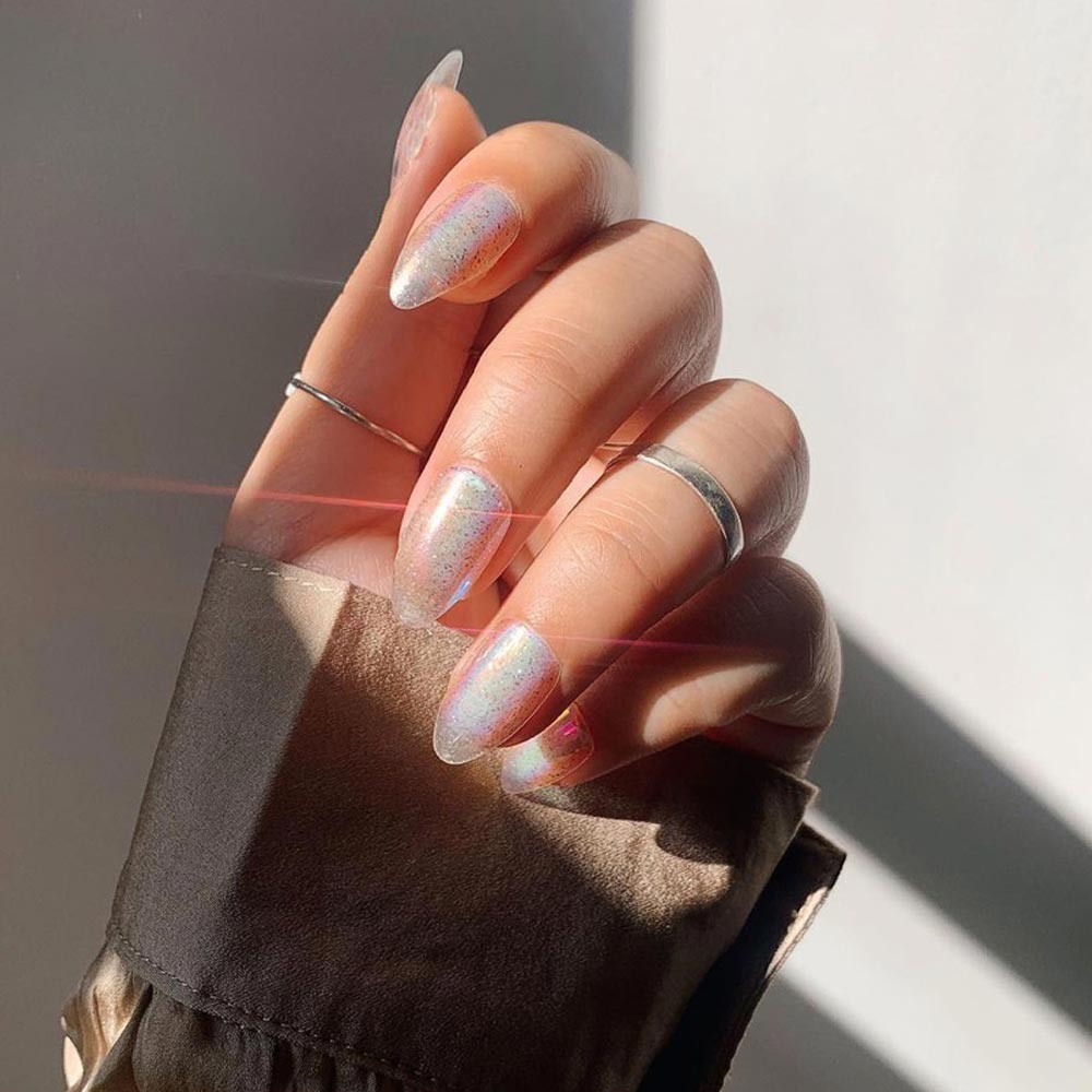 Stardust butter yellow press-on nails - almond shape, front view