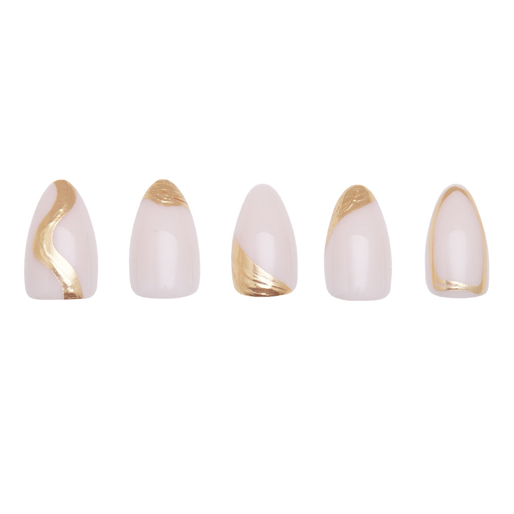 Material Girl press-on nails on hand - lifestyle photo, pearl-shift finish