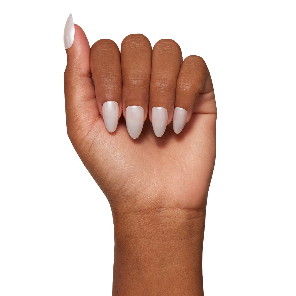 Hailey press-on nails on hand - lifestyle photo, milky cloud dancer finish