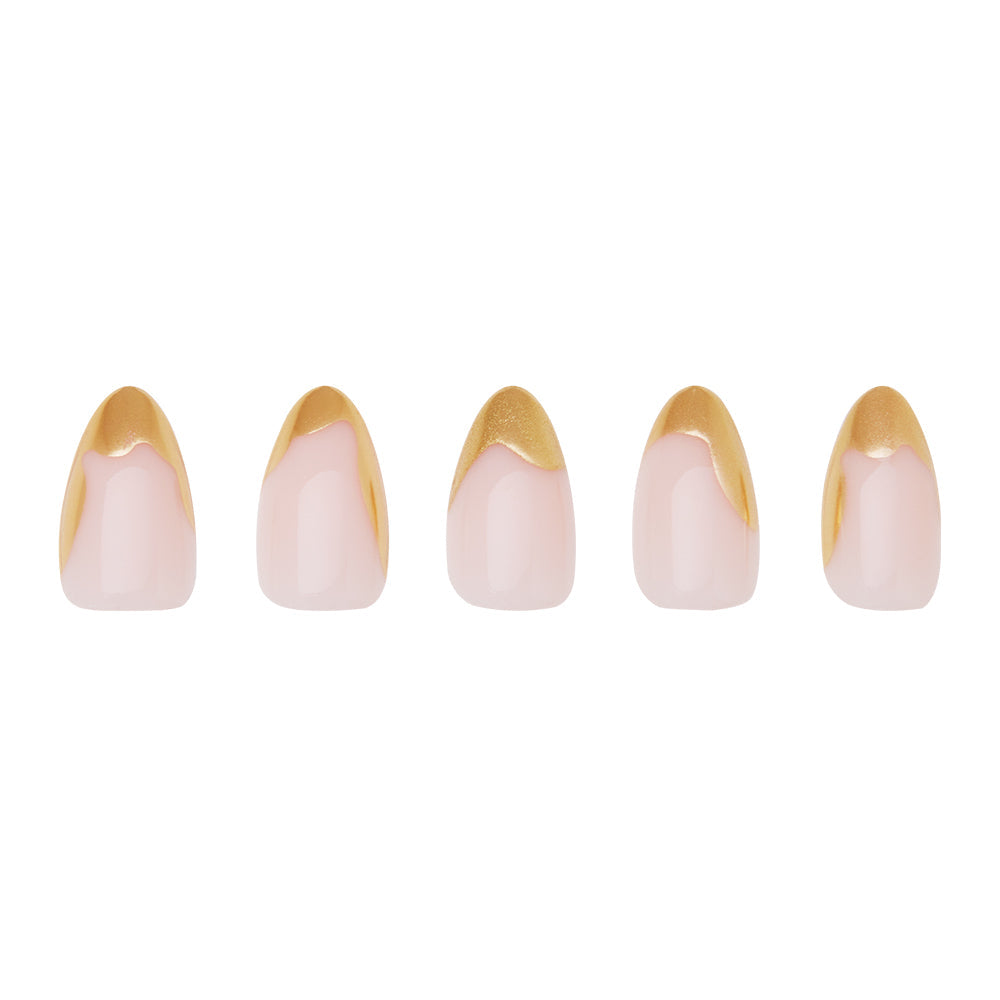 Golden Touch press-on nails on hand - lifestyle photo, french tip finish