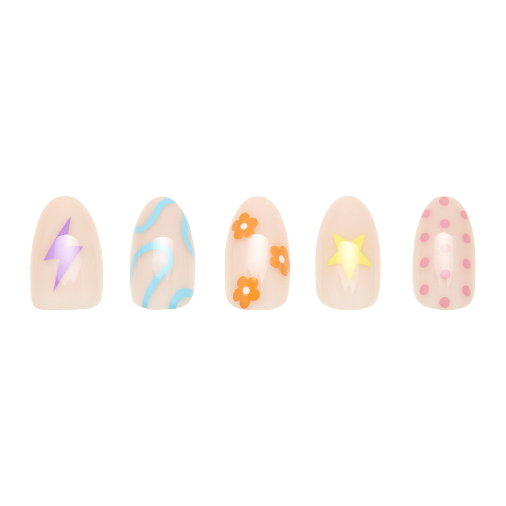 Wild Child press-on nails on hand - lifestyle photo, soft neutral finish