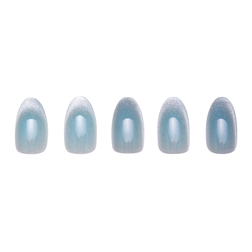 Unicorn Tears press-on nails on hand - lifestyle photo, cat-eye velvet finish