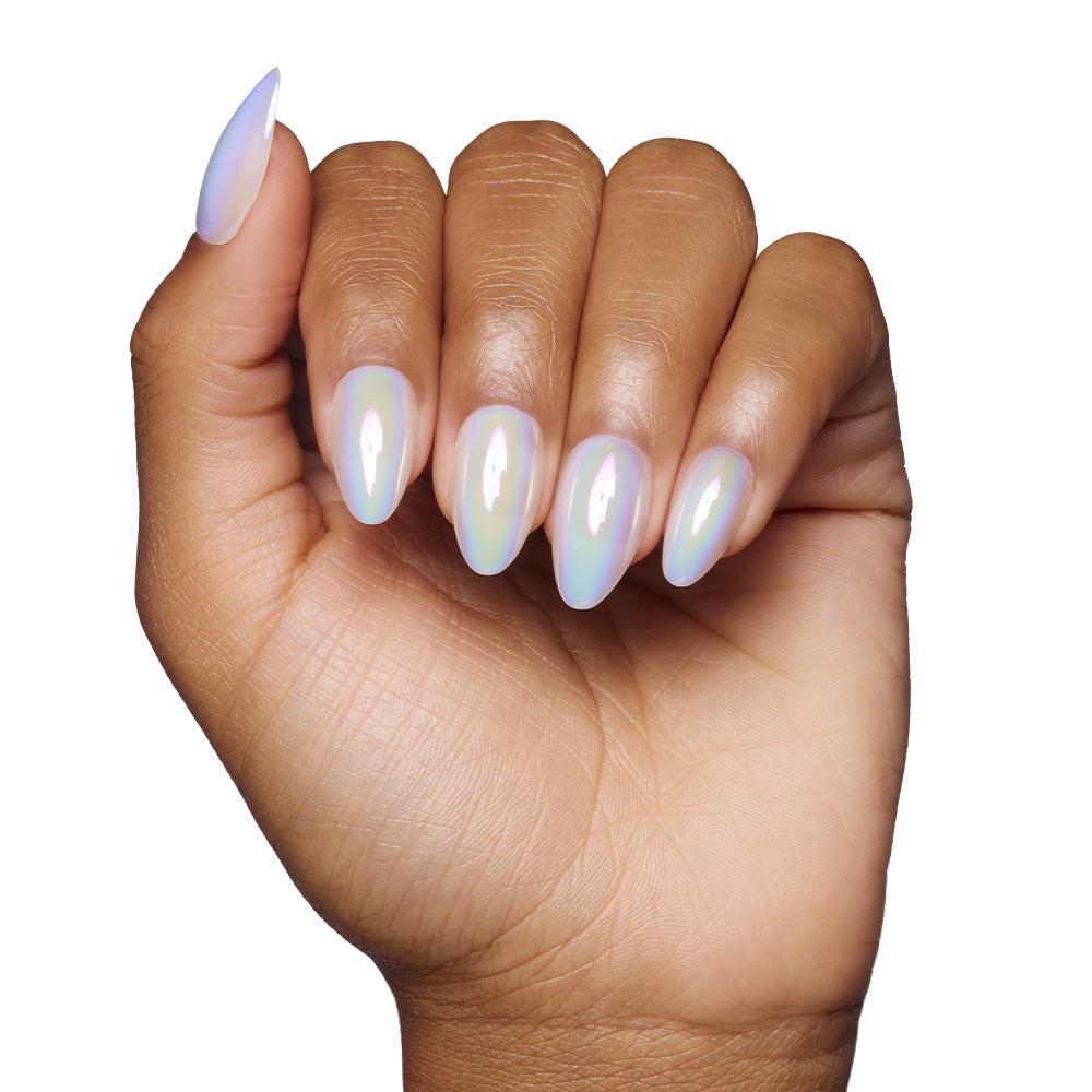Entranced press-on nails on hand - lifestyle photo, milky cloud dancer finish