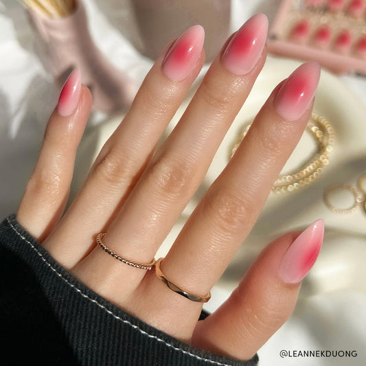 Blushing Aura watercolor aura press-on nails - almond shape, front view