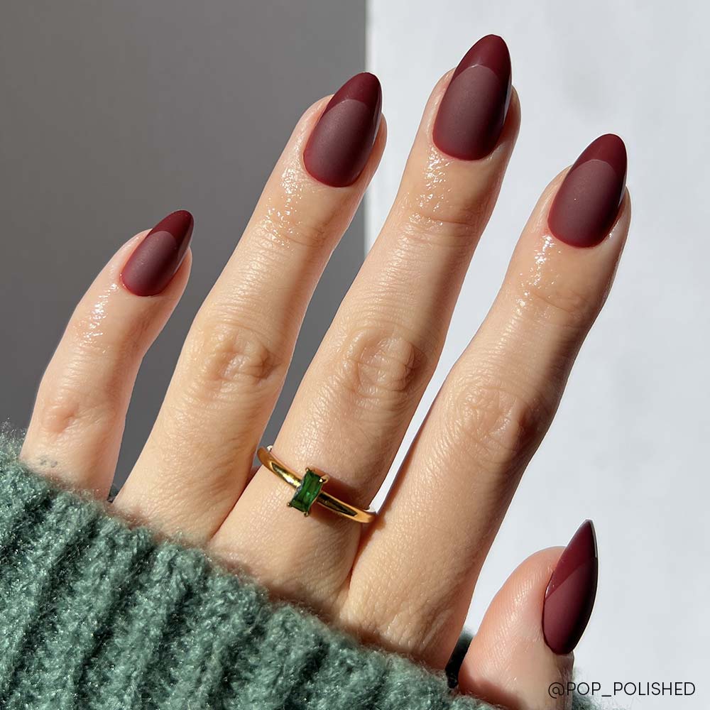 Merlot french tip press-on nails - almond shape, front view