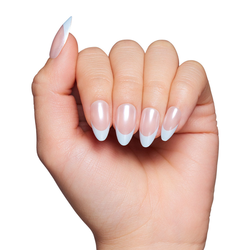 Blueberry Icing press-on nails on hand - lifestyle photo, french tip finish