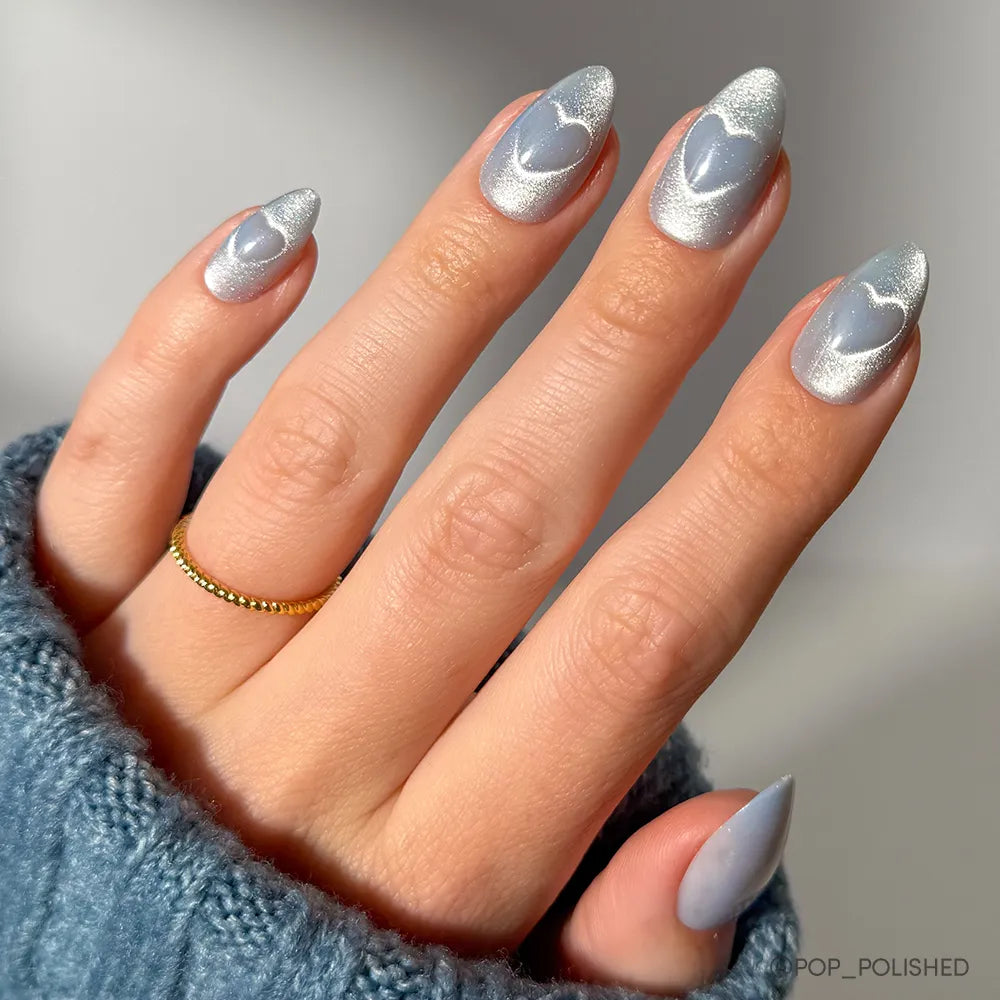 Cold Hearted cat-eye velvet press-on nails - almond shape, front view