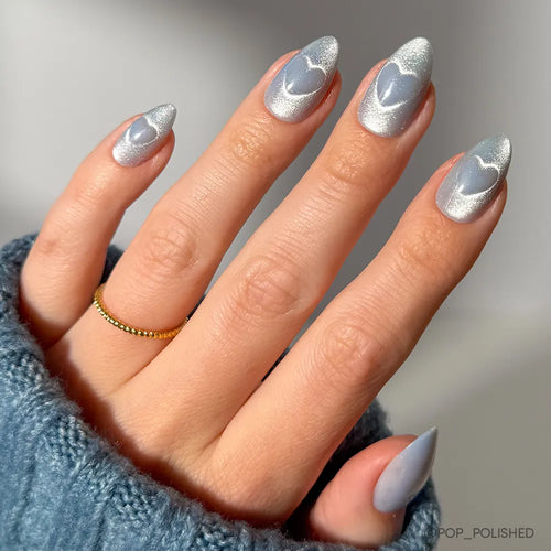 Cold Hearted cat-eye velvet press-on nails - almond shape, front view