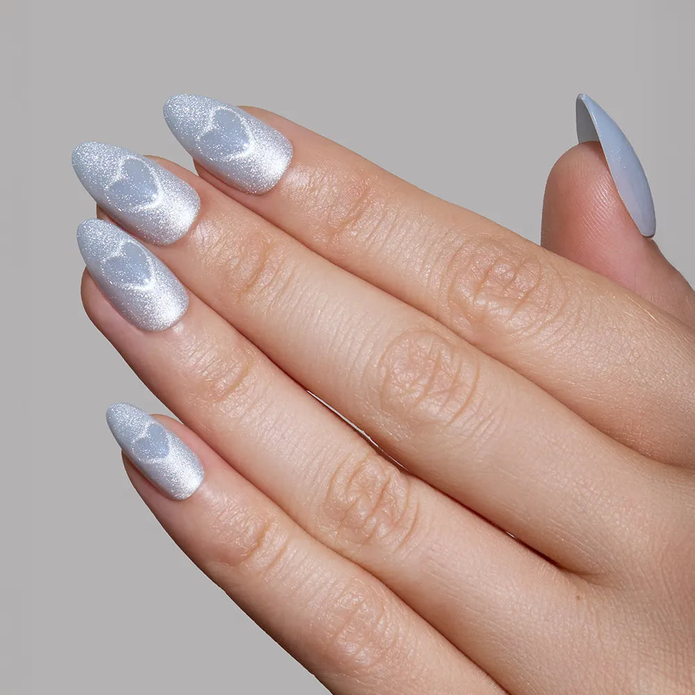 Cold Hearted press-on nail set - XS to L sizing, cat-eye velvet design