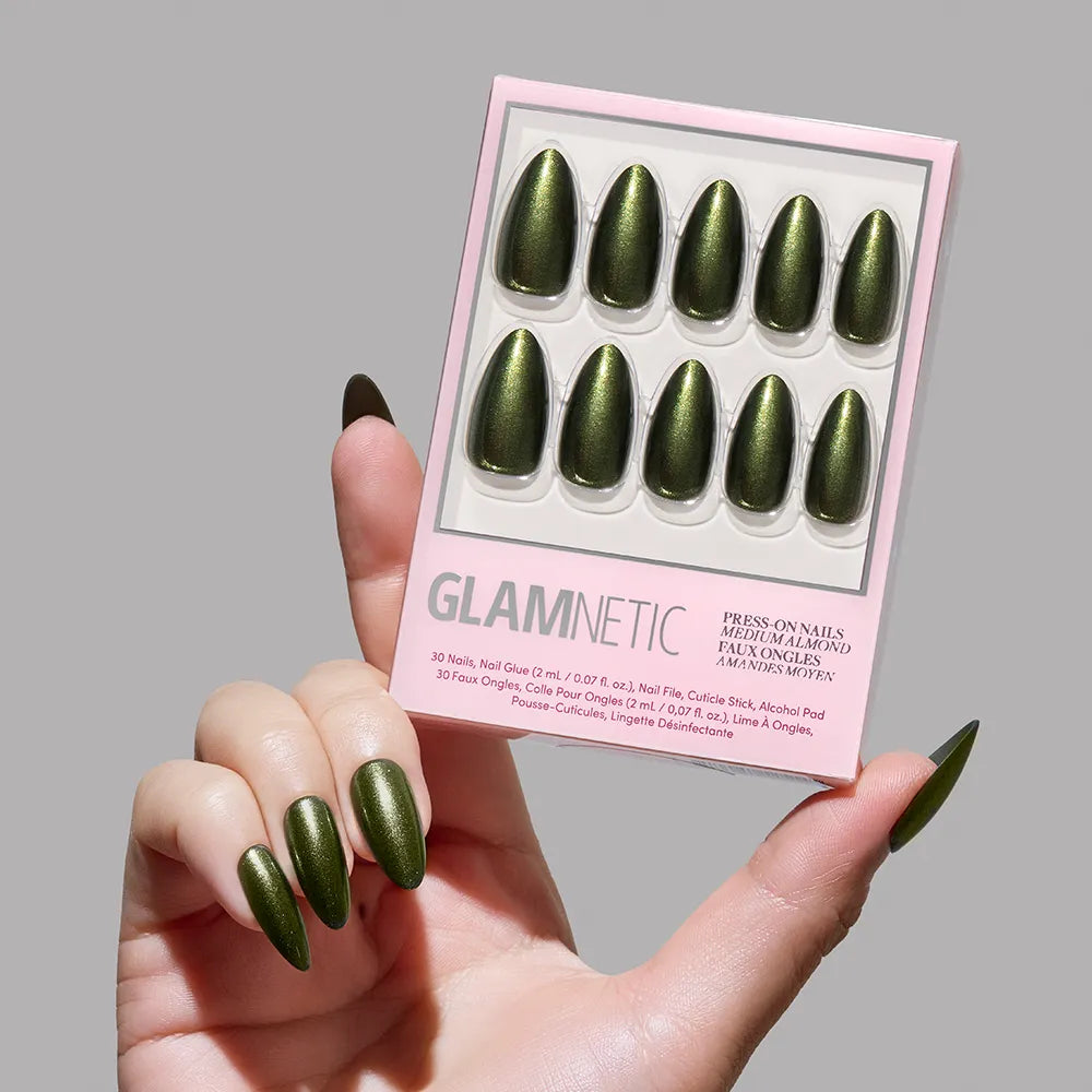 Cutie Pine press-on nails on hand - lifestyle photo, milky cloud dancer finish